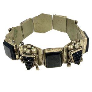 Vintage Alpaca Mexico Mayan Aztec Carved Obsidian Face Panel Bracelet 925